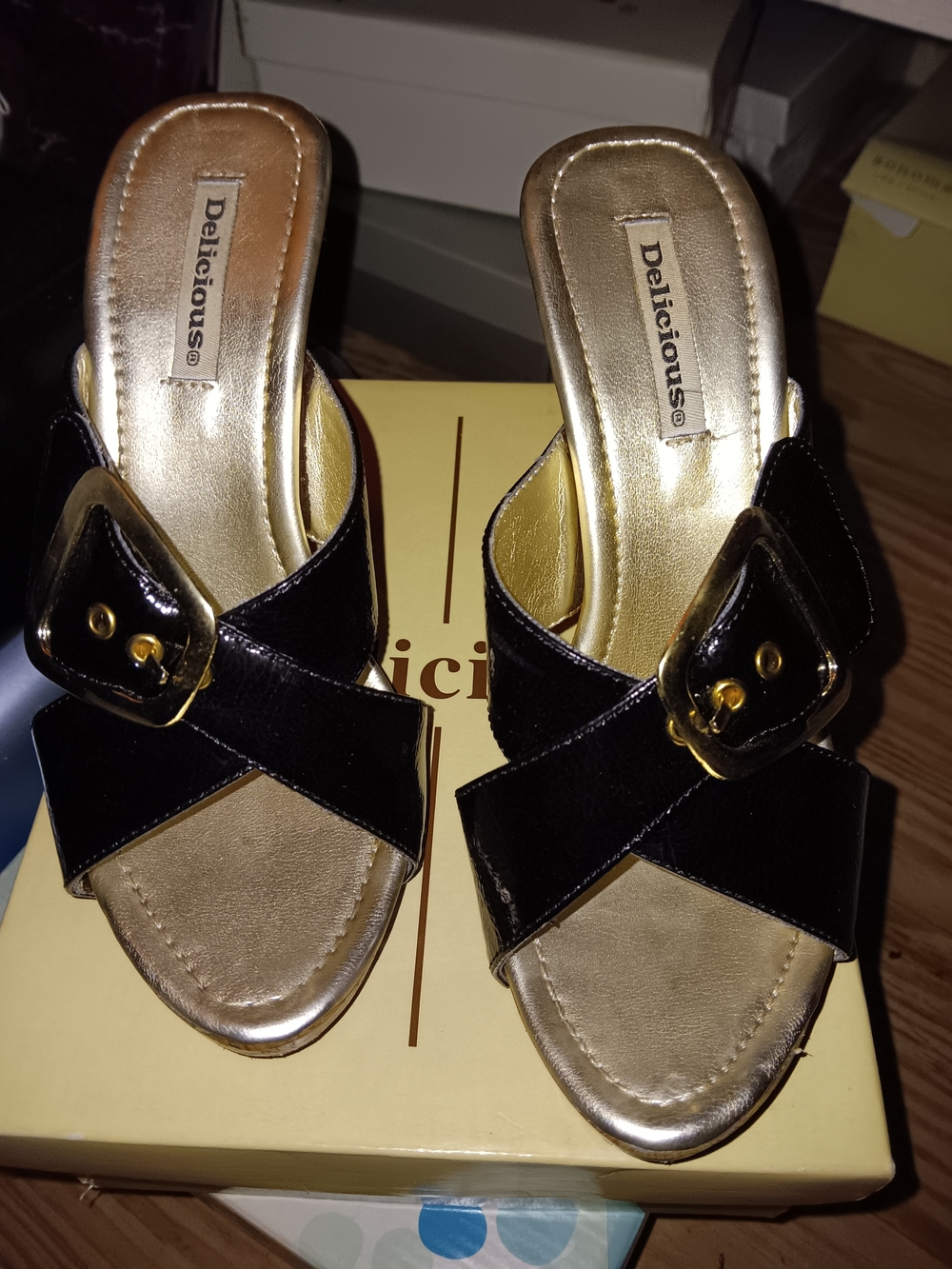 Delicious Black & Gold Crisscross Buckle Slide Heel